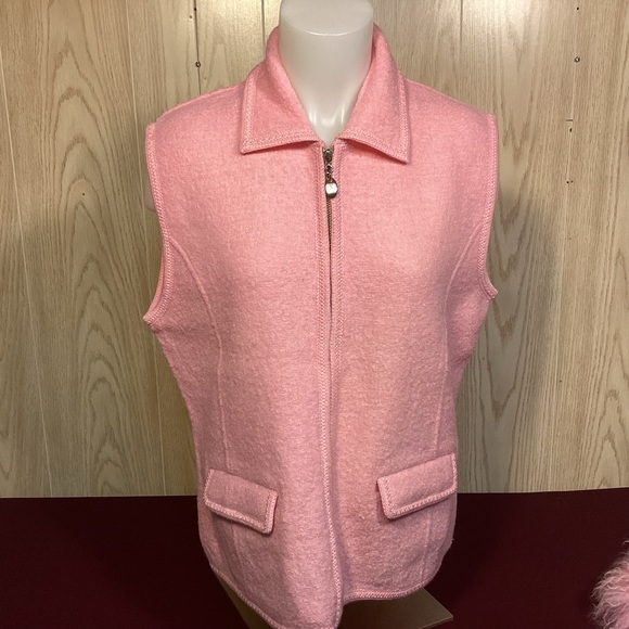 Lisa International Boiled Wool Pink Vest with Faux feather collar womens Size L - Picture 2 of 11